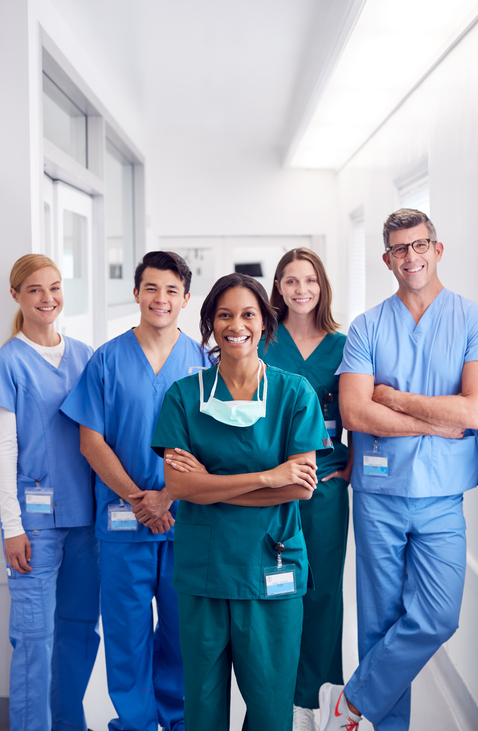 diverse staff in scrubs